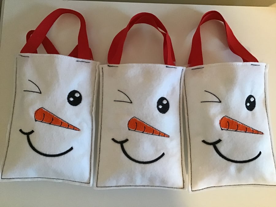Christmas treat bags. Set of three, Snowman.