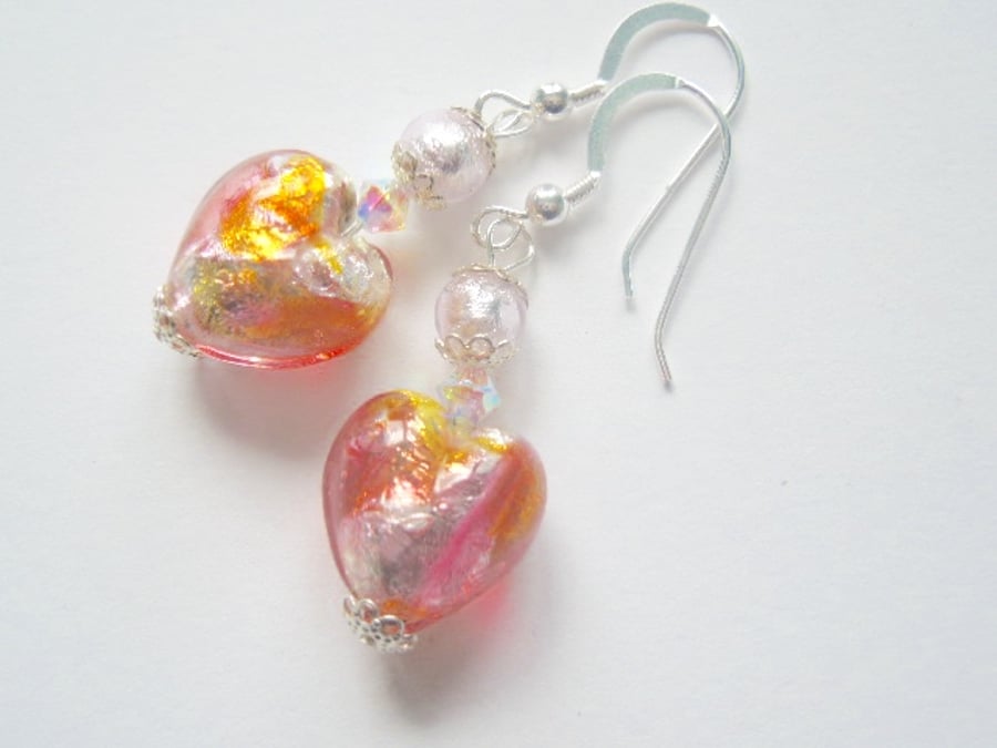 Silver millefiori Murano glass heart earrings with Swarovski and silver.