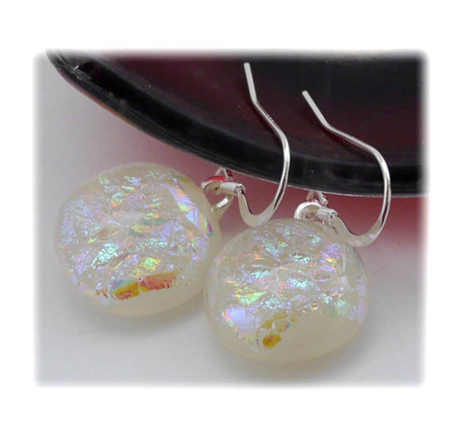 Handmade Fused Dichroic Glass Earrings 192 Ivory Sparkle