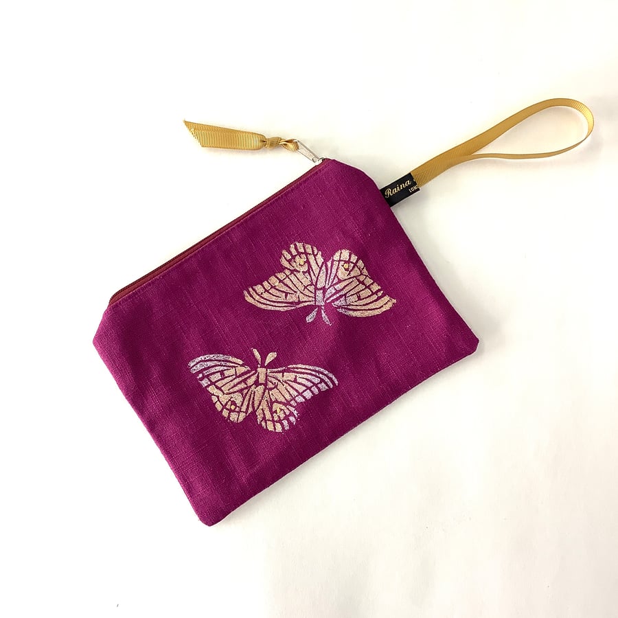 Magenta Butterfly linen zip-up pouch; Makeup Bag; Hand printed Purse 