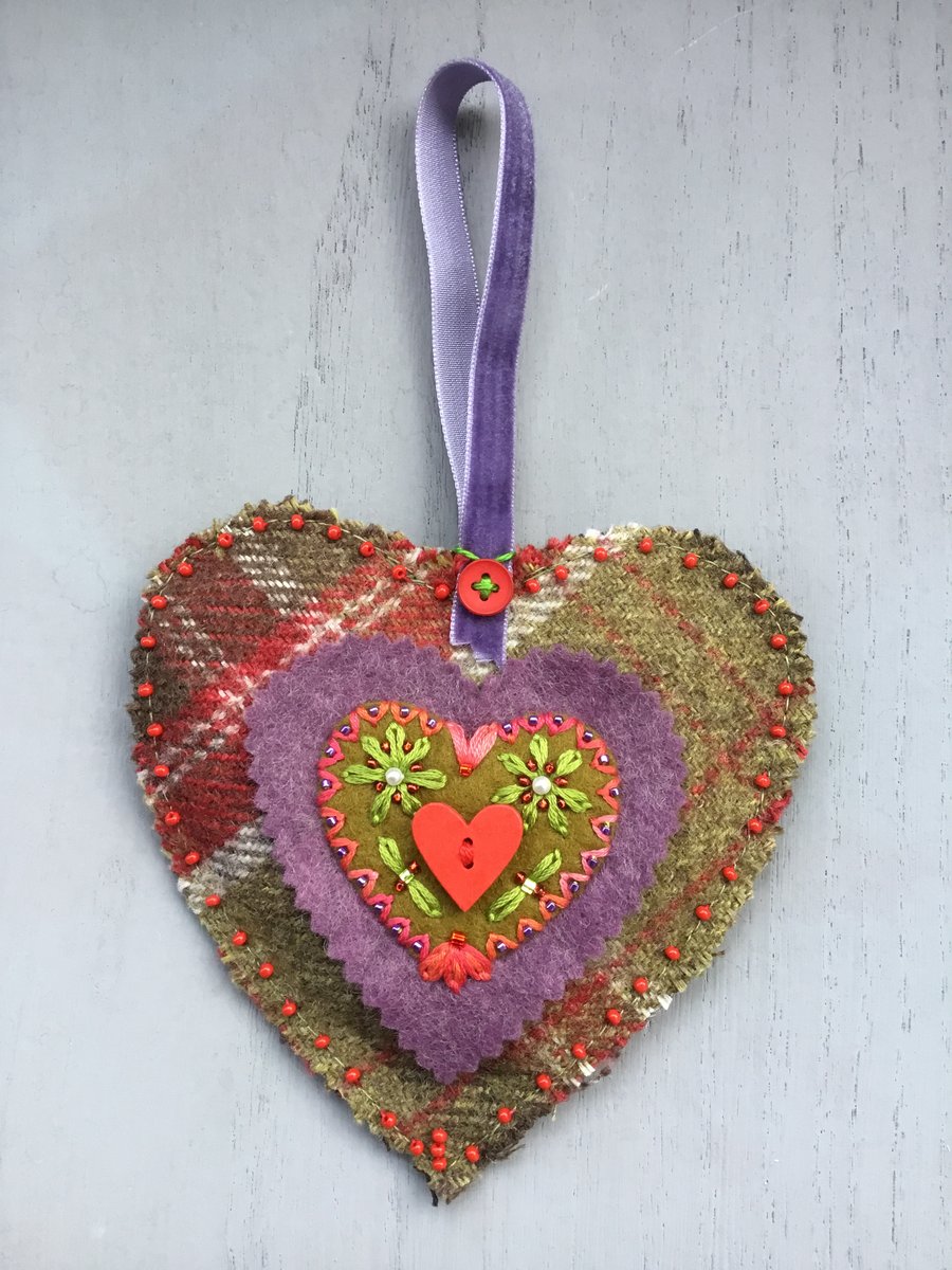 Hand Embroidered Tartan Heart Hanging Decoration 