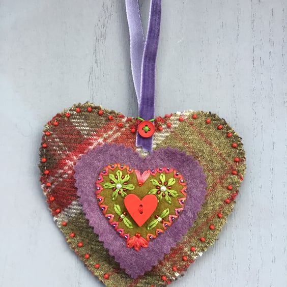 Hand Embroidered Tartan Heart Hanging Decoration 