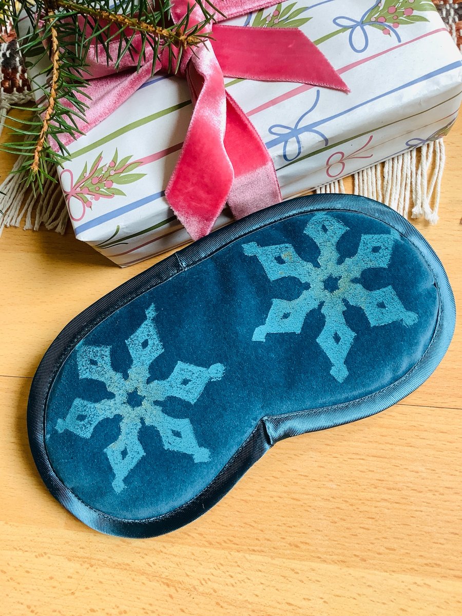 Lavender Velvet Sleep Mask, Hand Printed Sleep Mask, Teal Snowflake Eye Mask