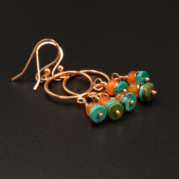 Natural turquoise, carnelian and copper drop earrings, Turquoise jewelry