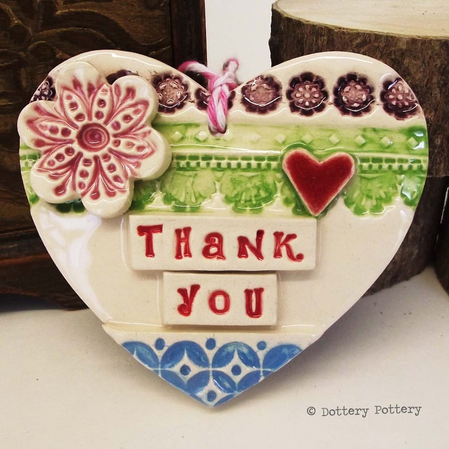 Ceramic heart floral decoration Thank You, pottery loveheart 