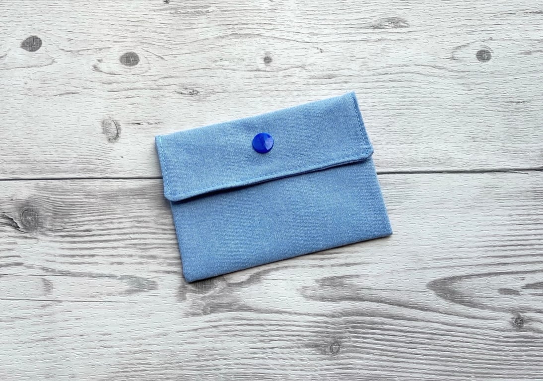Light blue fabric card holder pouch. Loyalty, credit, debit cards purse. 