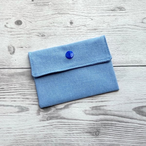 Light blue fabric card holder pouch. Loyalty, credit, debit cards purse. 