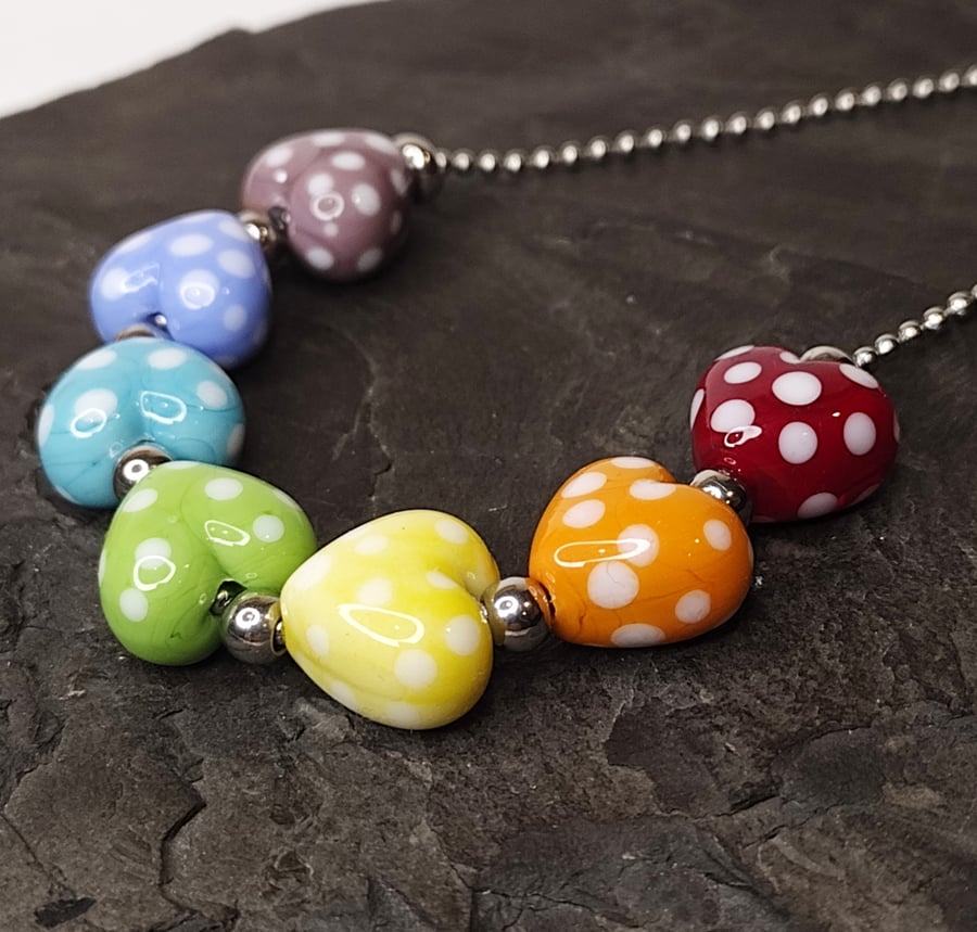 Rainbow heart statement necklace handmade glass beads lampwork