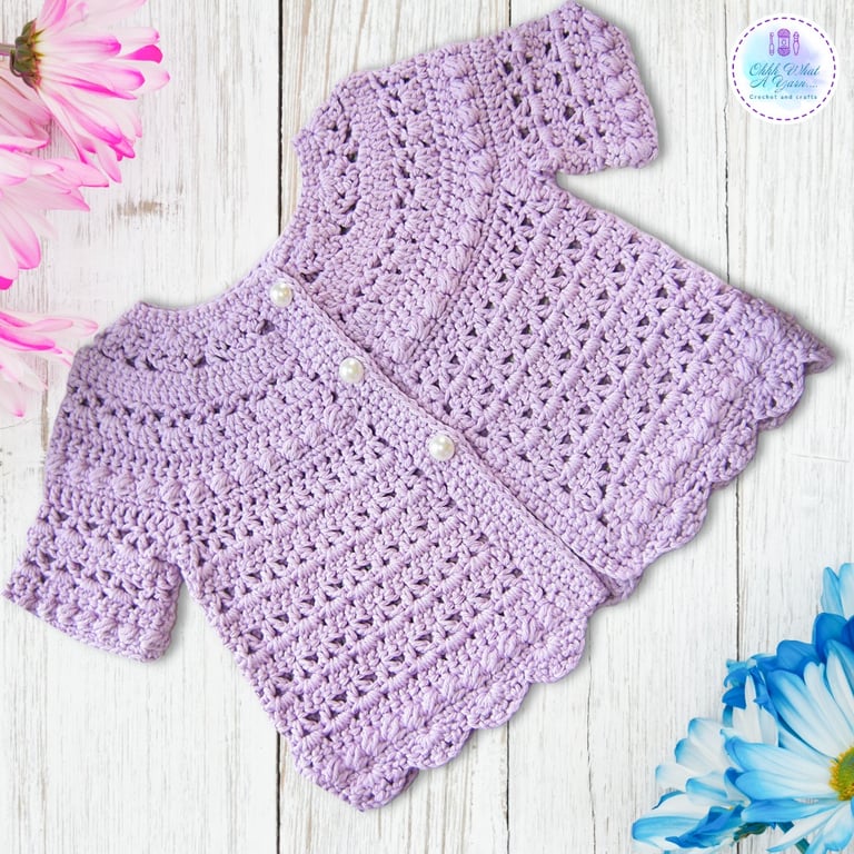 Short sleeve crochet baby cardigan. Cotton baby cardigan. Age 0-6 months.