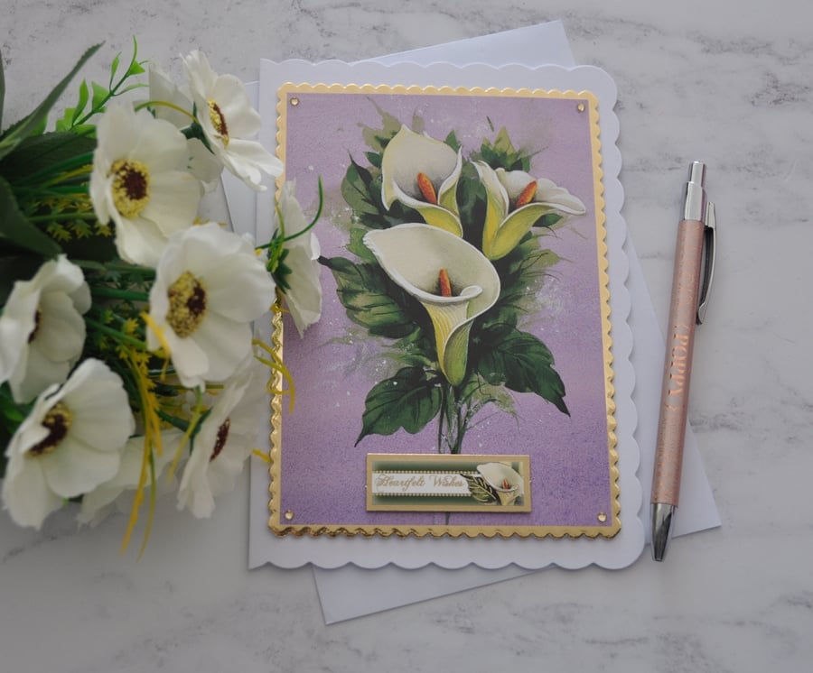 White Lilies Sympathy Card Heartfelt Wishes Gold Card 3D Luxury Handmade Card