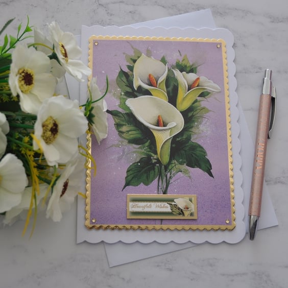 White Lilies Sympathy Card Heartfelt Wishes Gold Card 3D Luxury Handmade Card