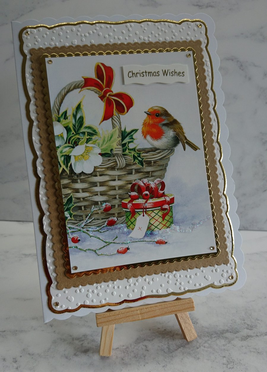 Christmas Card Christmas Wishes Robin Basket Hellebores Gift 3D Luxury Handmade