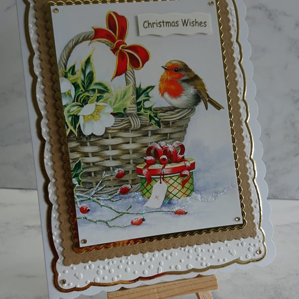 Christmas Card Christmas Wishes Robin Basket Hellebores Gift 3D Luxury Handmade