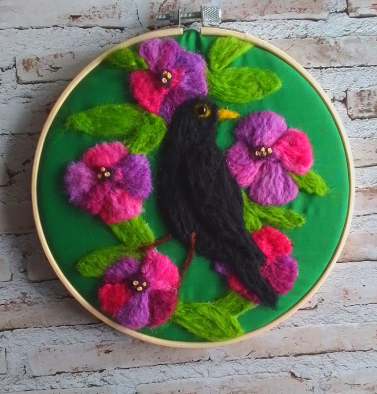 Needlefelted flowers and blackbird hoop picture 