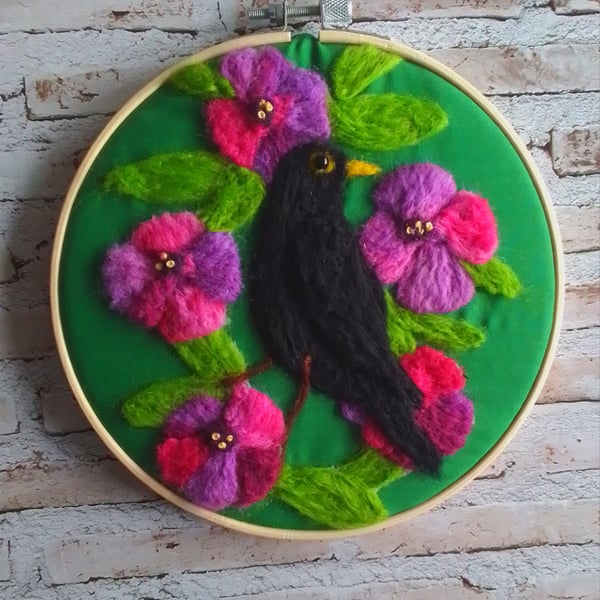 Needlefelted flowers and blackbird hoop picture 