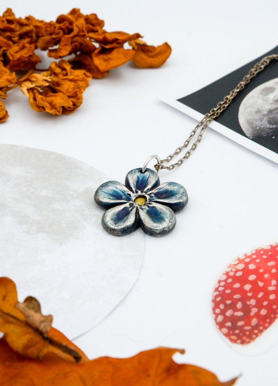Recycled Solid Fine Blue Silver Forget-Me-Not Citrine Gemstone Necklace  