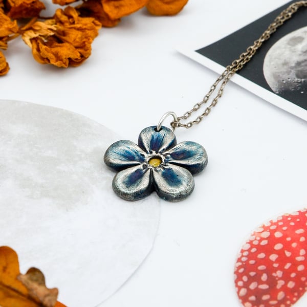 Recycled Solid Fine Blue Silver Forget-Me-Not Citrine Gemstone Necklace  