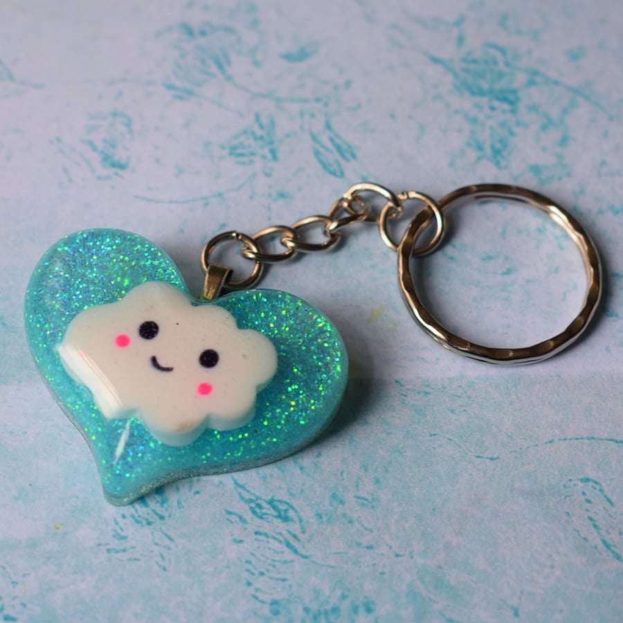 Kawaii Cloud Glitter Heart Keyring