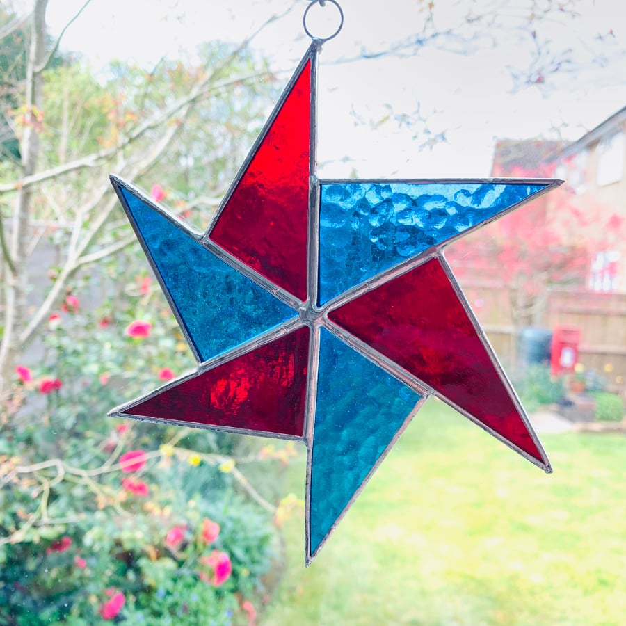 Stained Glass Windmill Suncatcher - Handmade Hanging Decoration - Red and Blue