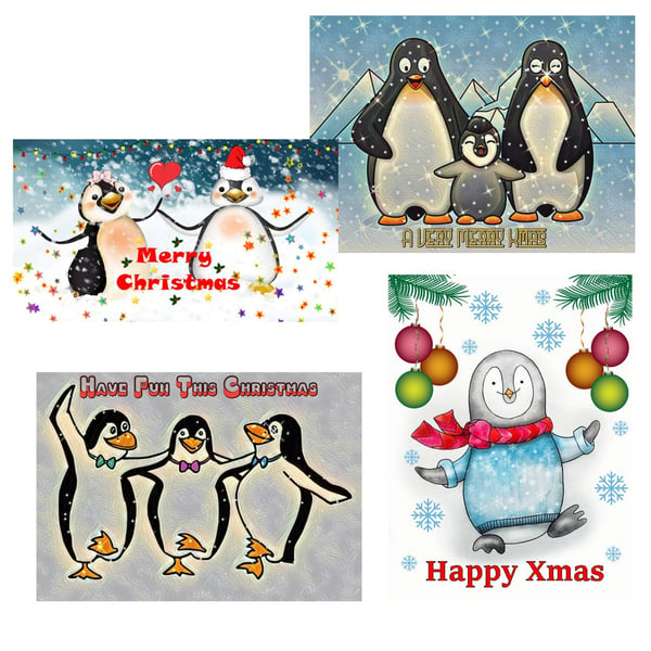 Pack of 4 A5 Christmas Cards Penguin Themed 