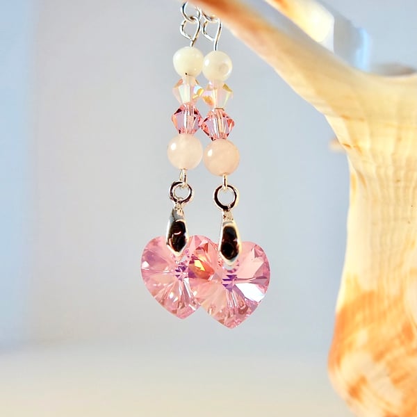 Swarovski Pink Crystal Heart Earrings With Rose Quartz And Mother Of Pearl Beads