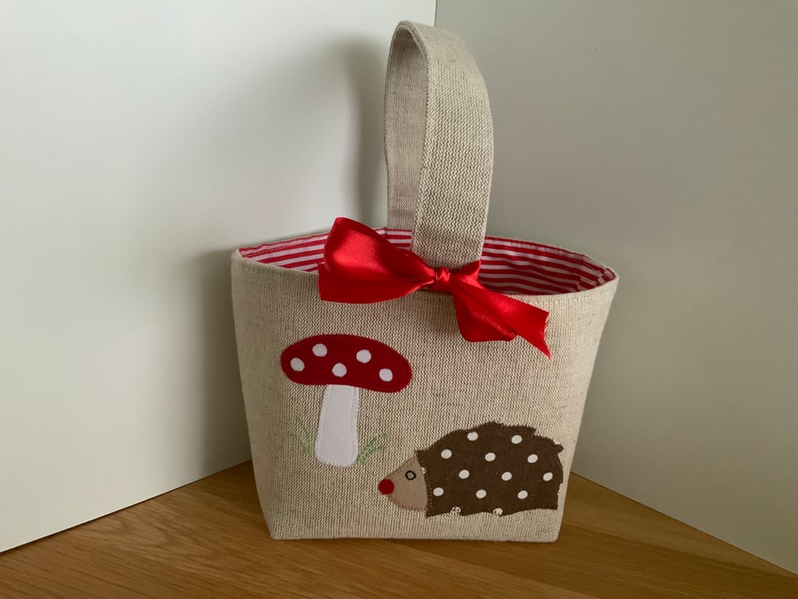 Small Easter Basket, Childrens Bag, Storage Basket, Applique, Hedgehog