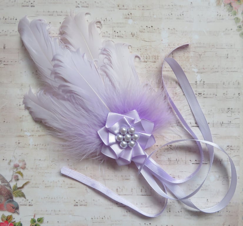 Pale Lilac Feather and Ribbon Regency Style Headpiece Fascinator