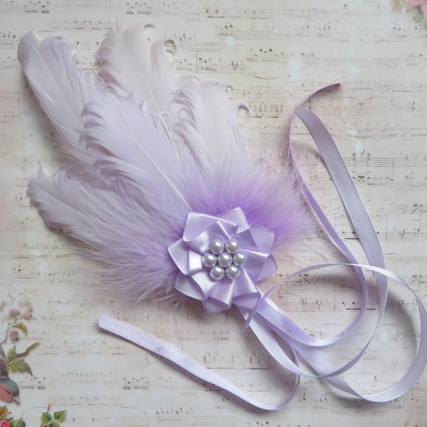 Pale Lilac Feather and Ribbon Regency Style Headpiece Fascinator