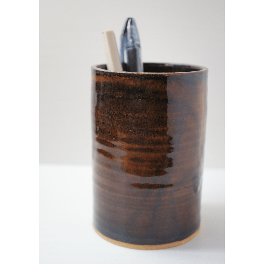 Brown glazed handmade pottery pencil pot paint water or vase 11.5cm x 8.5cm