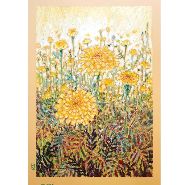 Golden Marigolds Original Oil pastel painting, A4 artwork, wall art