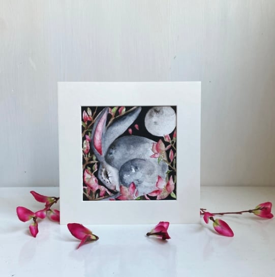 ACEO Original Resting Hare Rabbit with  Flowers under the Moon Watercolour 