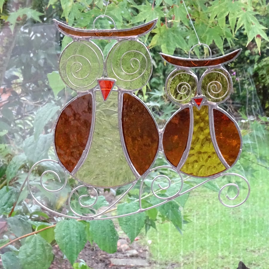 Stained Glass Owl Duo Suncatcher