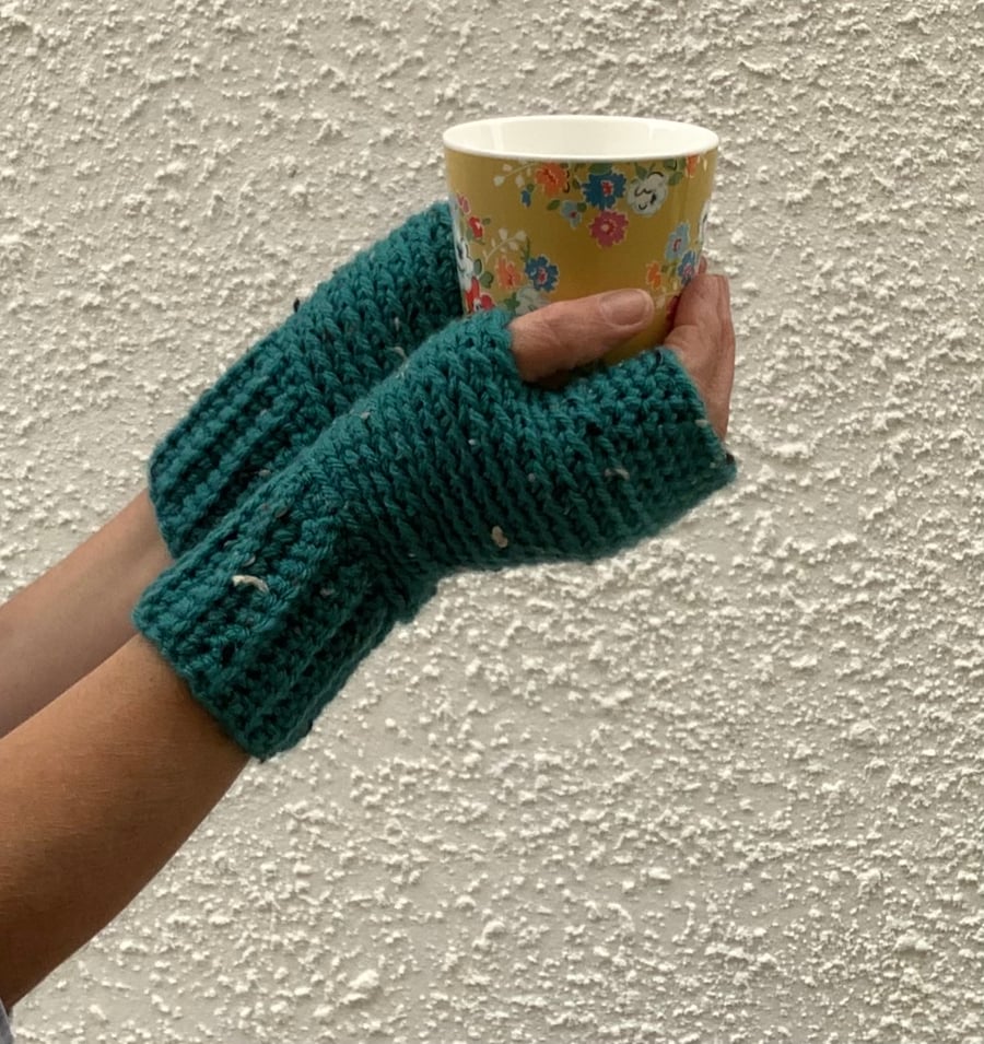 FINGERLESS MITTS , gloves .' Valley Tweed '. Merino Wool blend. Sea green.