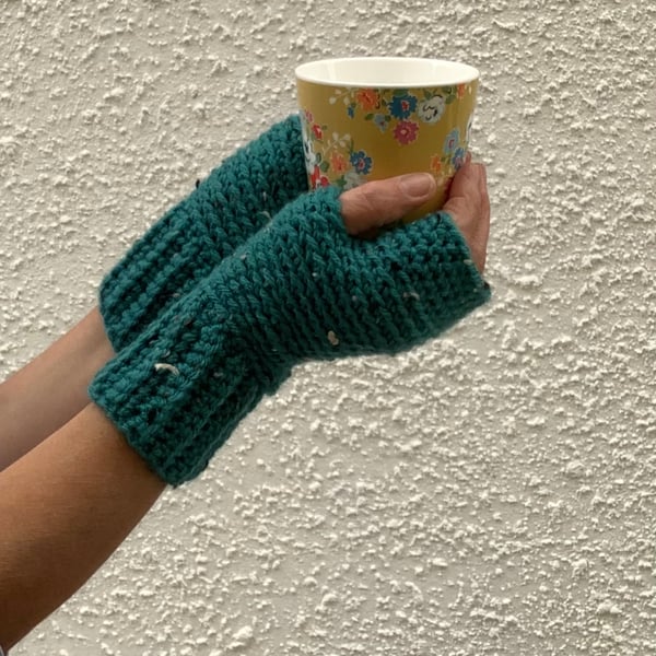 FINGERLESS MITTS , gloves .' Valley Tweed '. Merino Wool blend. Sea green.