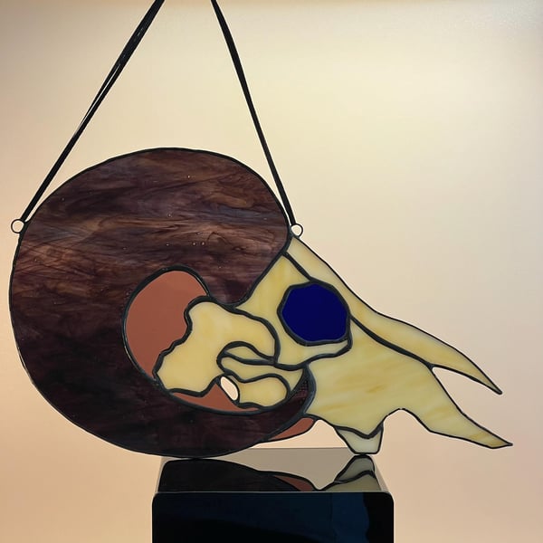 Stained Glass Sheep Skull Suncatcher with Purple Horn, glass art, nature