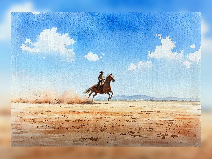 Cowboy Watercolor, Dynamic Horseback Rider in Open Plains 5"x7" Matte Print