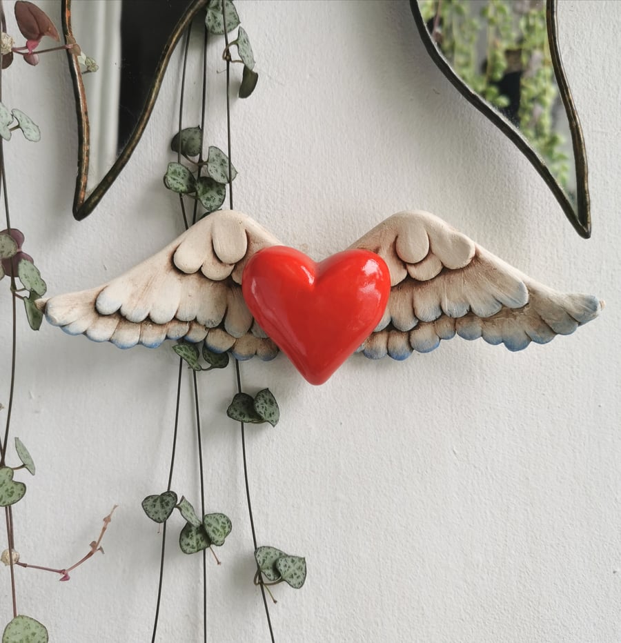 Winged heart, ceramic heart, red ceramic wall art, winged heart sculpture no. 3