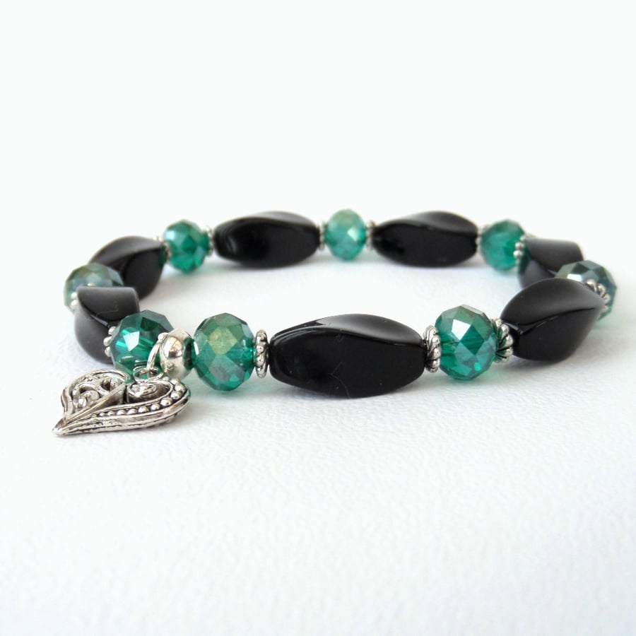 Handmade stretchy black onyx  green crystal bracelet,  heart charm embellishment