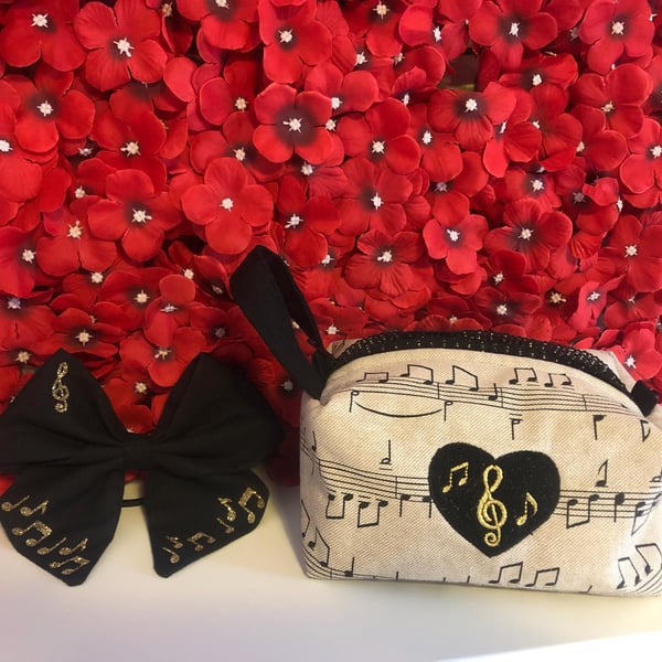 Music Theme Makeup Bag, Pot & Hair Bow Handmade - Music Gift, Music Student, Cho