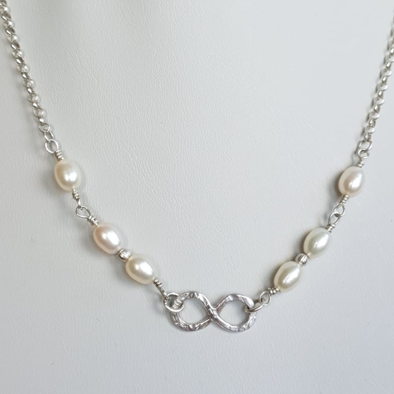 Dainty Cultured Pearl & Infinity Link Necklace Sterling Silver Wedding NecklaceT