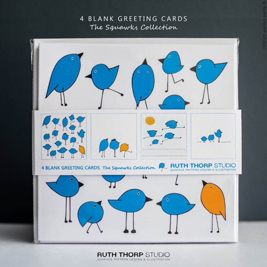 The Squawks Greeting Cards pack of 4 blank illustrated bird cards