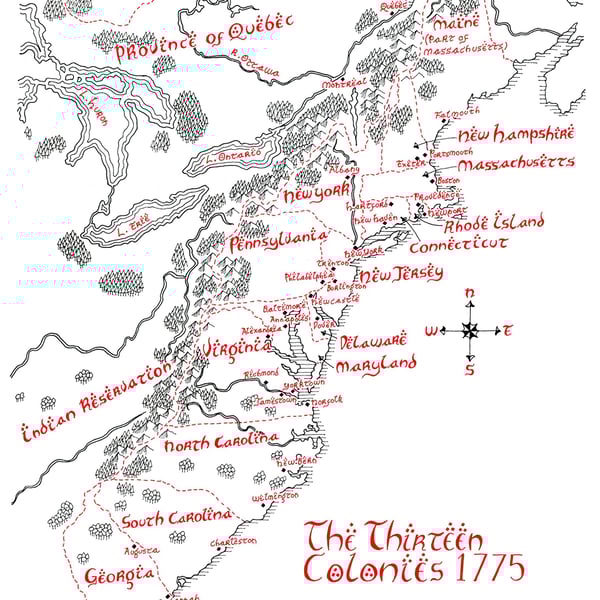 Map of the Thirteen Colonies Hand Drawn Tolkien Style Map Artwork