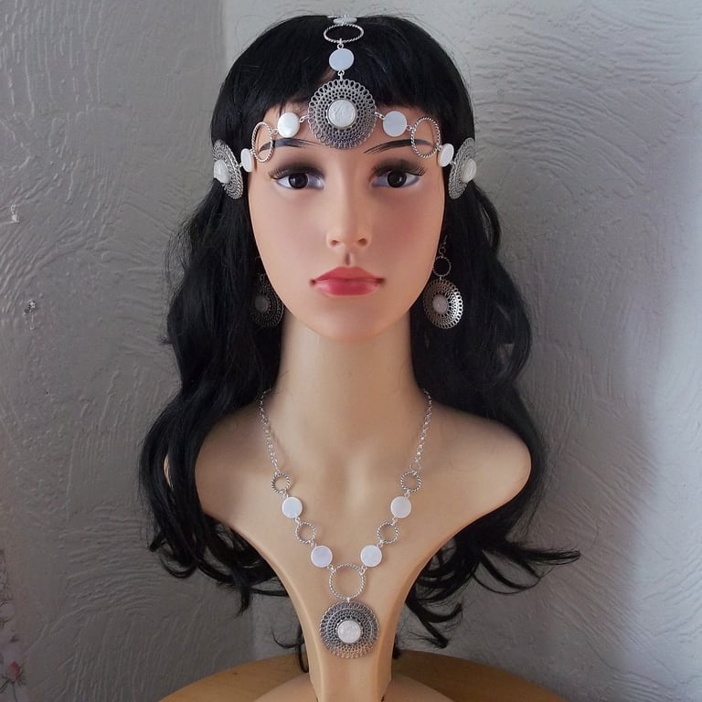 Medieval Headpiece Necklace & Earrings, Mother of Pearl Wedding Jewellery, OOAK