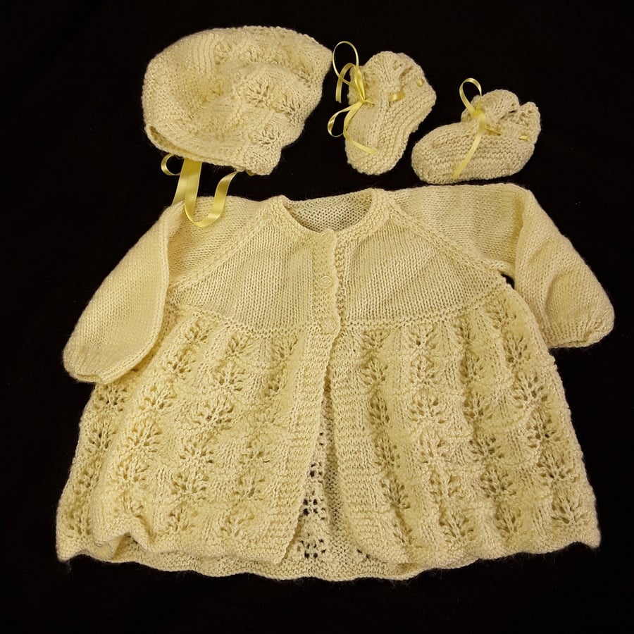 Hand knitted baby cardigan bonnet and booties to fit 12 - 18 months - lemon 