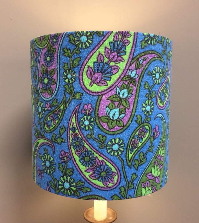 Fun Paisley Blue Purple Lime 60s 70s Barkcloth Vintage Fabric Lampshade 