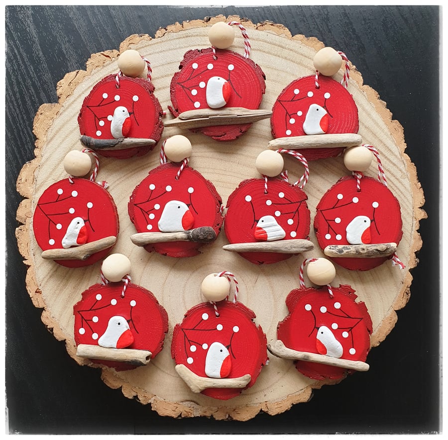 Seaglass and driftwood Robin Christmas ornaments