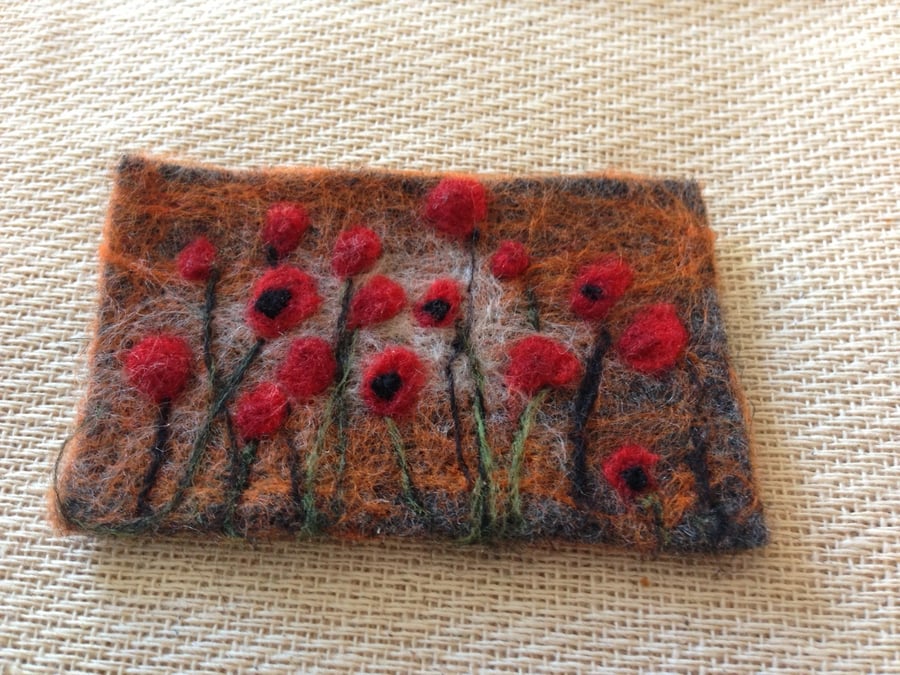 Unique needle felted handmade 'Poppy flowers on meadow' brooch. Lovely Gift