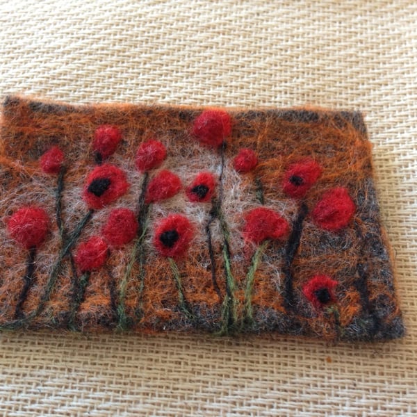 Unique needle felted handmade 'Poppy flowers on meadow' brooch. Lovely Gift