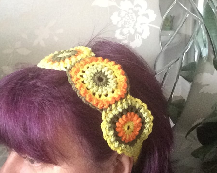 Crochet headband, cotton yarn, orange, green, yellow, boho