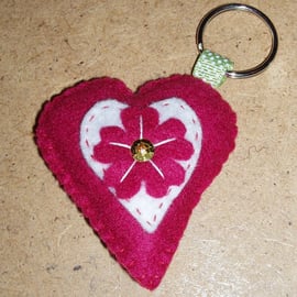 Heart with small Flower at the centre Deep Rose Pink felt Keyring.